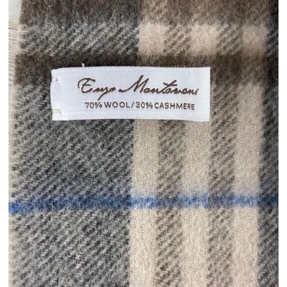 Enzo Montavani Cashmere & Wool Plaid Scarf Unisex Neutral Preppy Casual Fringe